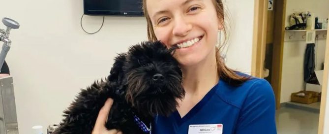 The veterinarian smiles warmly, cradling a small black dog in an office setting. They're wearing a name tag and a dark blue shirt, radiating care and professionalism.