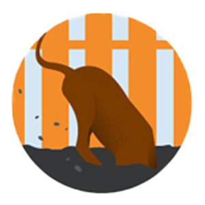 Illustration of a brown dog energetically digging into black soil with its front paws, head down. The background features vertical orange and gray stripes, reminiscent of a veterinarian's office that values playfulness and care.