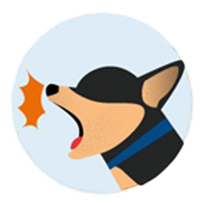 Illustration of a small black and tan dog energetically barking with an open mouth. An orange sound icon emerges, symbolizing the bark. The dog sports a blue collar, reminiscent of a vet visit, and is set against a light blue circular background.