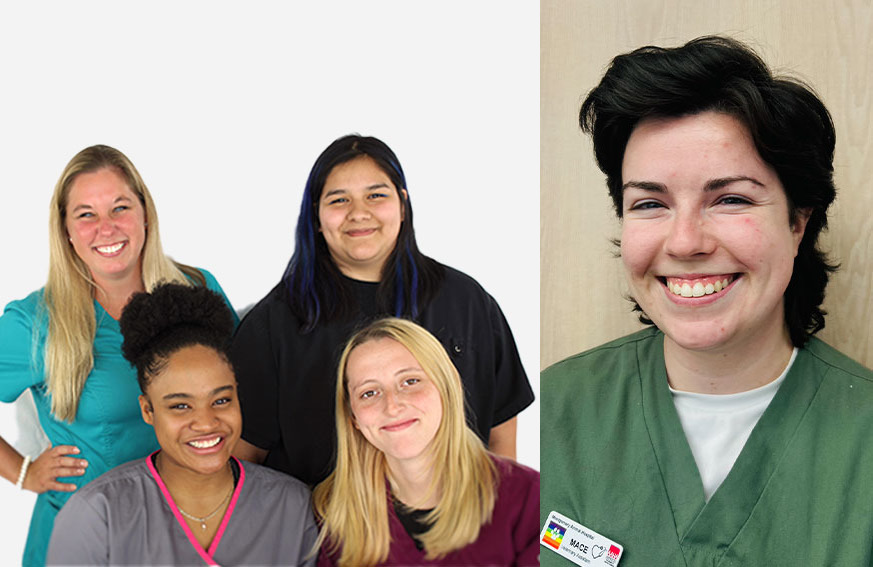 Five people in medical scrubs smile at the camera. Four stand together on the left, and one person stands alone on the right, against a plain background, also smiling.