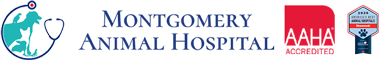 Logo for Montgomery Animal Hospital with a teal animal and stethoscope graphic, the text "Montgomery Animal Hospital," and badges showing AAHA accreditation and Fear Free certification.